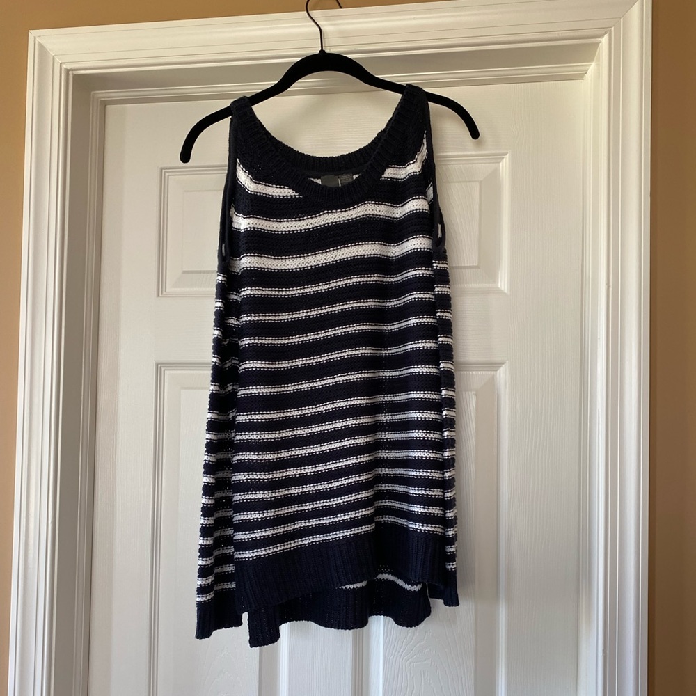 Quinn, navy and white exposed shoulder sweater, size small, worn once.